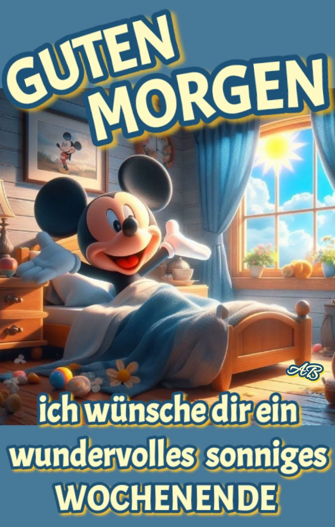 Fröhlicher Mickey Mouse liegt im Bett unter einer blauen Decke, winkt. Sonnenschein fällt durch ein Fenster in ein gemütliches Schlafzimmer. Eine Mickey-Mouse-Skulptur und Spielzeug liegen auf dem Boden.
