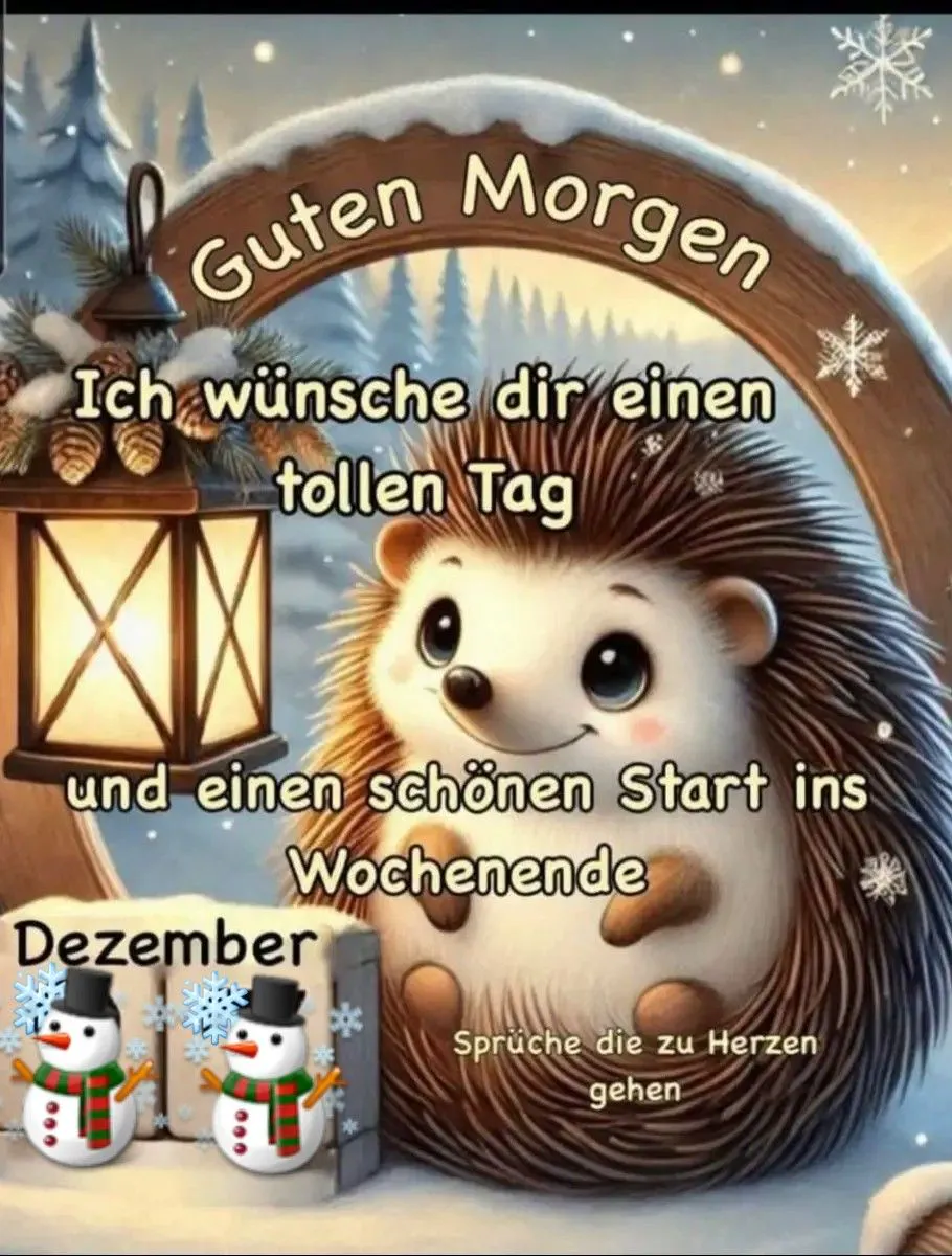 Niedlicher Igel lächelt in winterlicher Schneelandschaft. Verschneiter Holzbogen, Laterne, Tannenzapfen und zwei kleine Schneemänner. Herzlicher Gruß für guten Morgen und schönen Start ins Dezember-Wochenende.