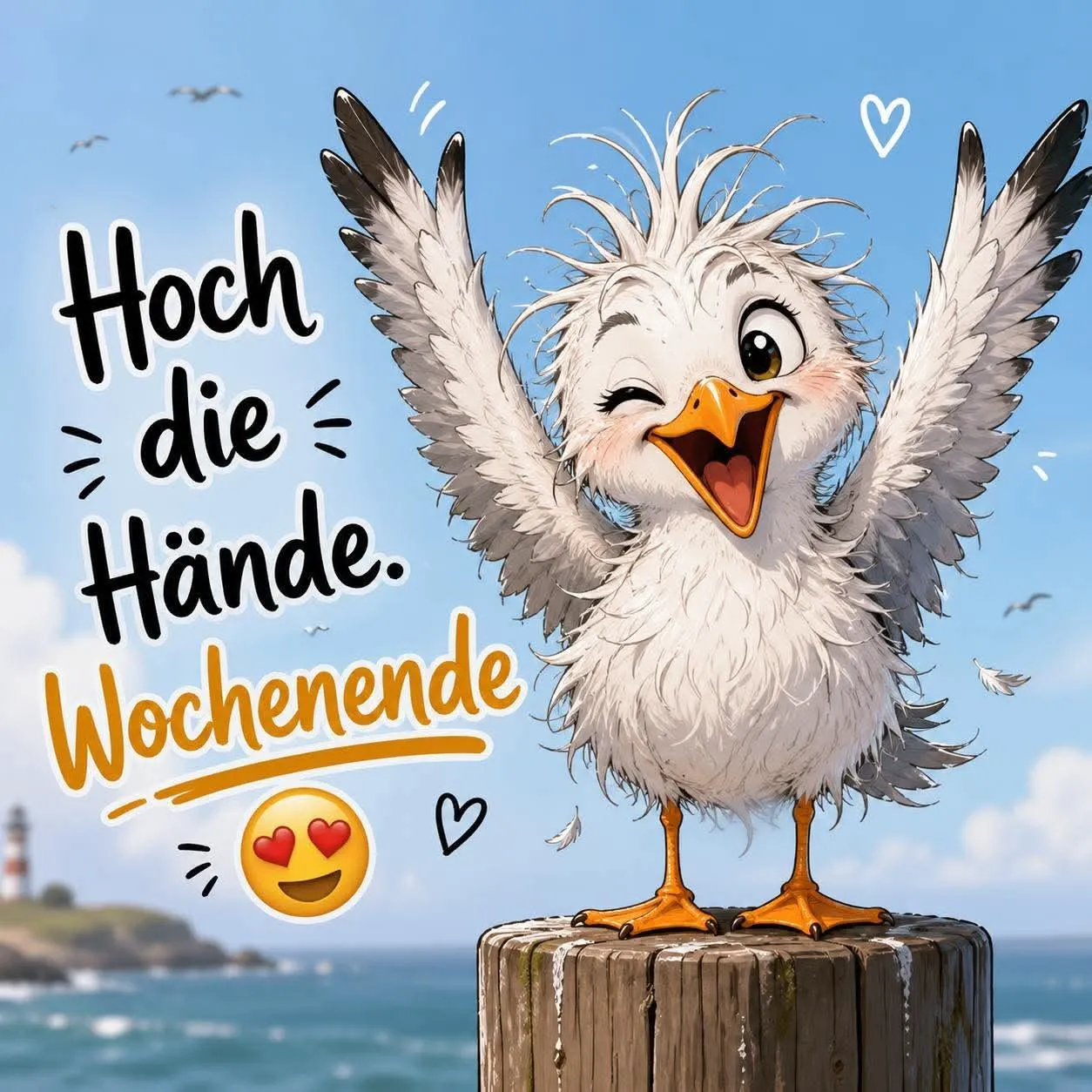 Fröhliche Cartoon-Möwe mit ausgebreiteten Flügeln, zwinkerndem Auge, die „Hoch die Hände. Wochenende!“ ruft. Sie sitzt auf einem Holzpfahl am Meer, mit blauem Himmel und Leuchtturm im sonnigen Hintergrund.