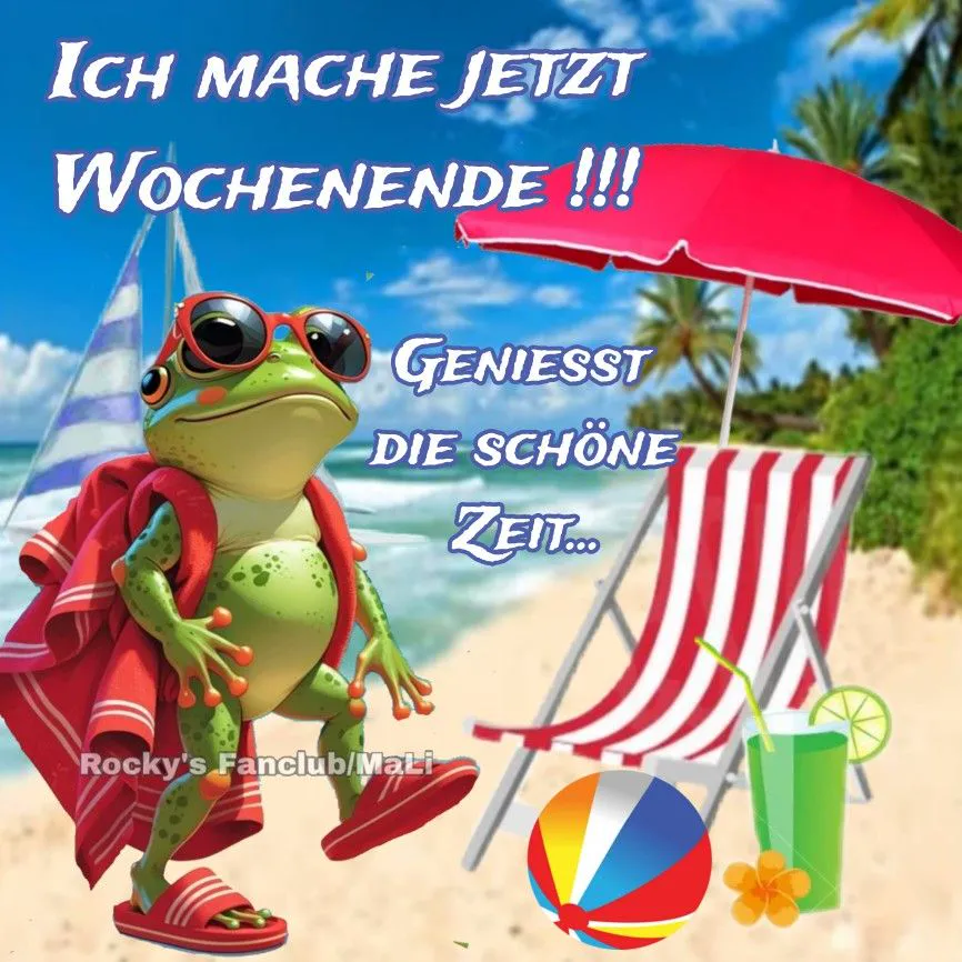 Ein entspannter Frosch mit Sonnenbrille und rotem Handtuch genießt den Sandstrand. Im Hintergrund sind Meer, Palmen, ein Sonnenschirm, Liegestuhl, Strandball und ein kühles Getränk. Eine lebendige, sommerliche Wochenendstimmung.