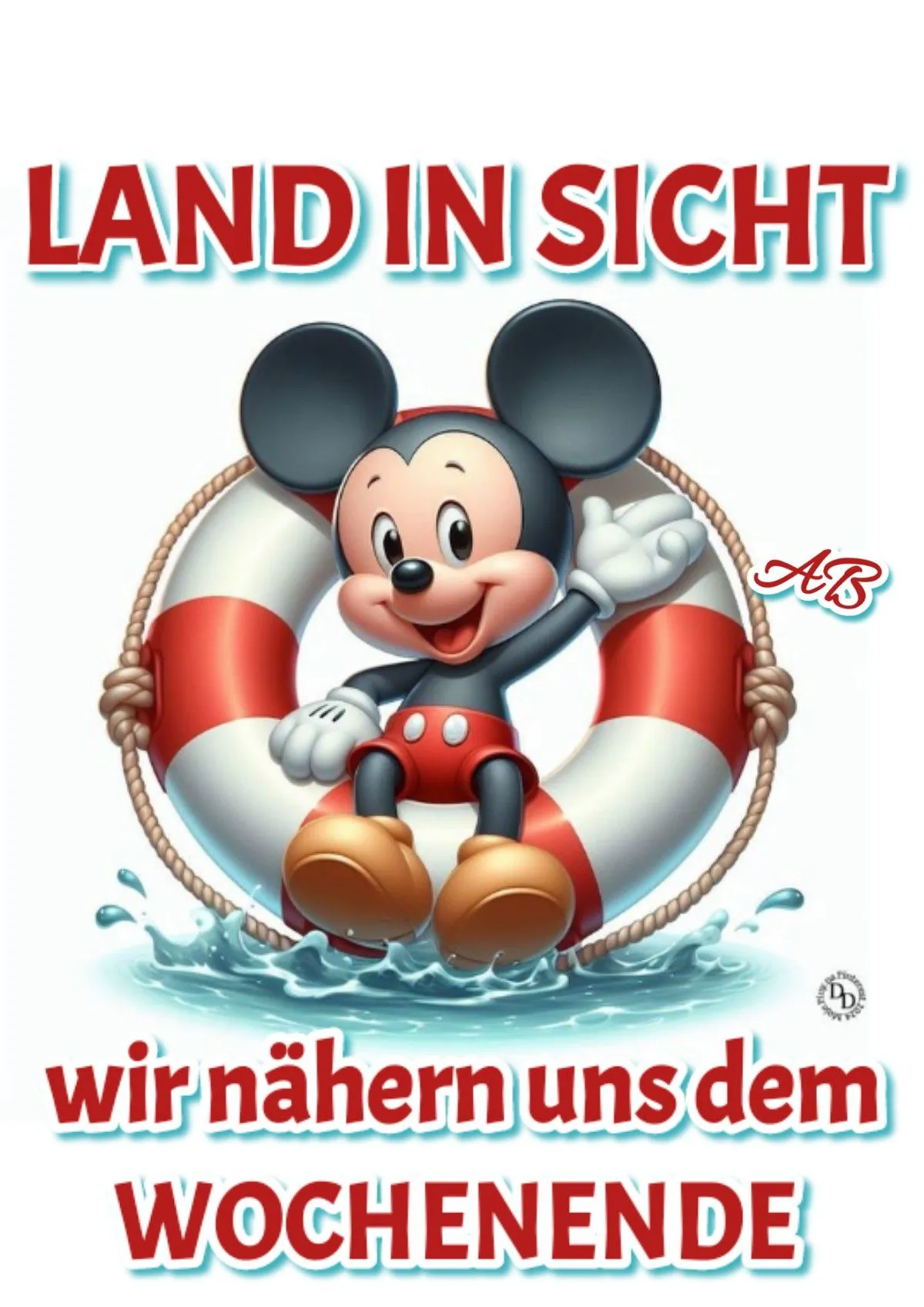 Fröhliche Mickey Maus sitzt strahlend in einem rot-weißen Rettungsring, umgeben von spritzendem Wasser. Darüber der Text 'Land in Sicht, wir nähern uns dem Wochenende'.