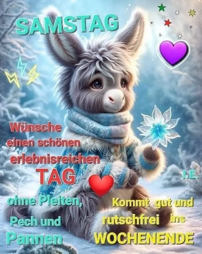 Samstag Gruß: Süßer Esel wünscht schönes, rutschfreies Wochenende