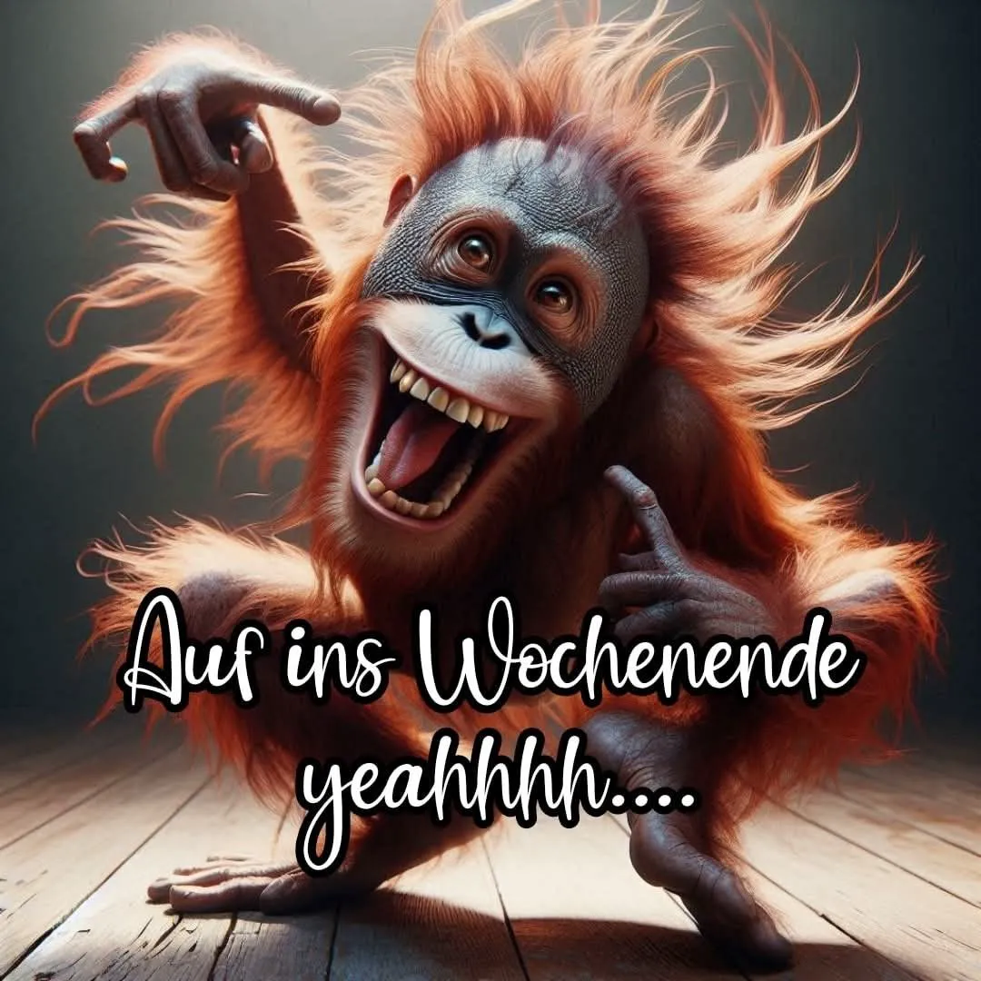 Ein extrem fröhlicher, animierter Orang-Utan jubelt ausgelassen, seine roten Haare wirbeln. Mit weit geöffnetem Mund und strahlendem Lachen zeigt er energisch nach vorne, voller purer Vorfreude auf das Wochenende.