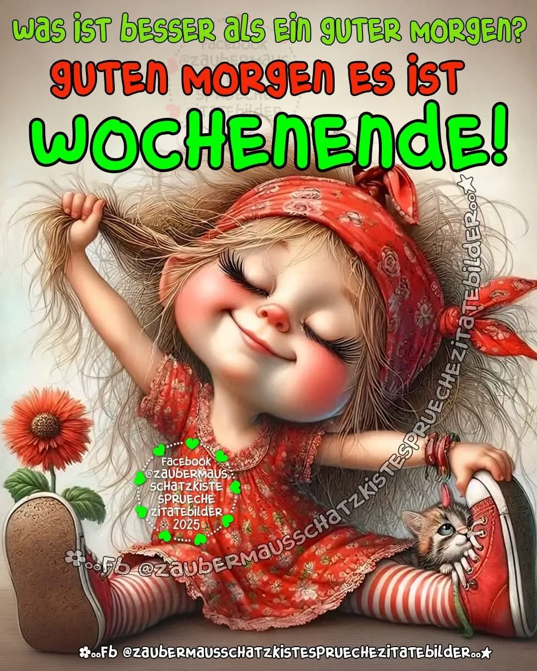 Schönes Wochenende Bild: Süßes Mädchen und Kätzchen für entspannte Tage!