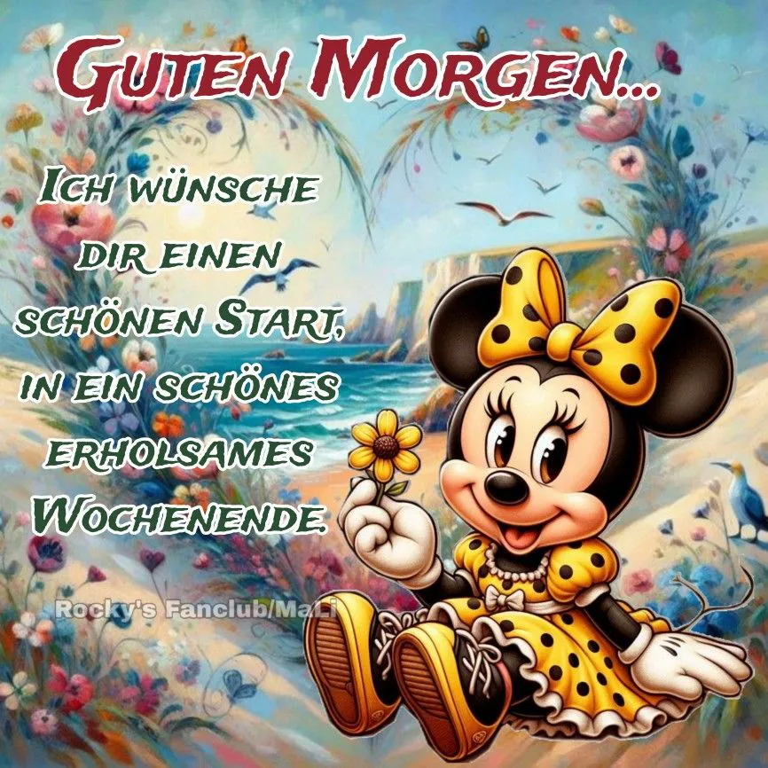 Ein farbenfrohes Bild von Minnie Maus, die auf einem sonnigen Strand sitzt, umgeben von Blumen und Vögeln. Sie hält eine gelbe Blume in der Hand und trägt ein gelbes Kleid mit schwarzen Punkten.