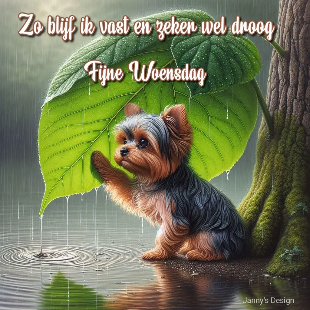 Ein niedlicher Yorkshire Terrier Welpe duckt sich schützend unter einem riesigen grünen Blatt, das als Regenschirm dient, während Regentropfen in Pfützen fallen und Kreise bilden. Eine humorvolle Szene mit viel Charme.