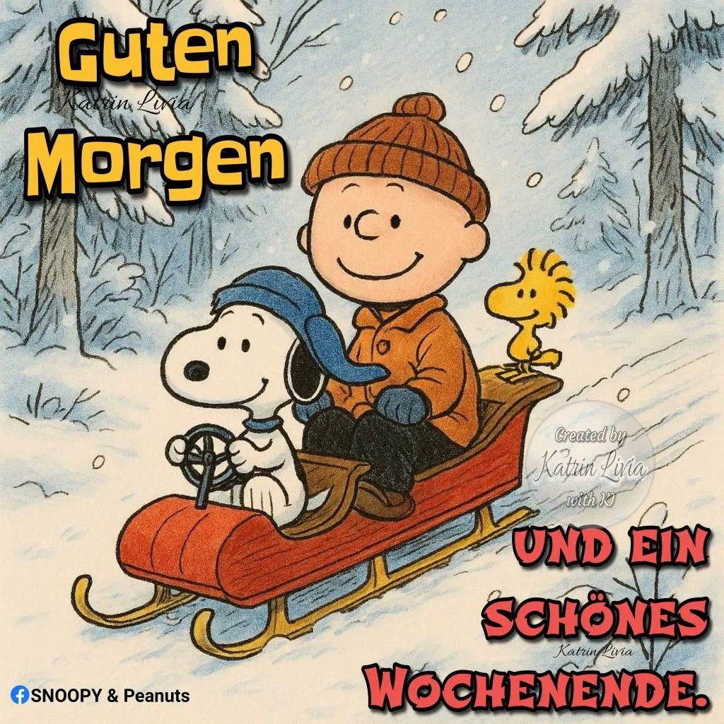 Schönes Wochenende Gruß - Snoopy & Peanuts im Schlitten