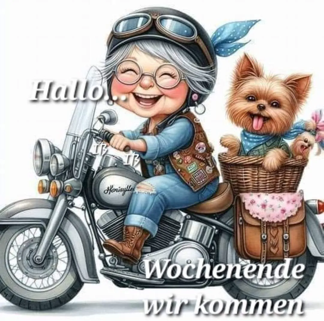Fröhliche Cartoon-Oma mit Helm und Brille fährt lachend Motorrad. Ein flauschiger Yorkshire Terrier sitzt glücklich in einem Weidenkorb hinten mit. Ein herzerwärmendes Bild voller Vorfreude auf das Wochenende.