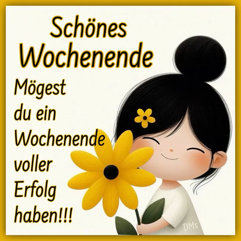 Ein fröhliches Cartoon-Mädchen mit Dutt hält eine große gelbe Blume. Der Gruß 'Schönes Wochenende! Mögest du ein Wochenende voller Erfolg haben!!!' strahlt positive, herzliche Wochenendstimmung aus.
