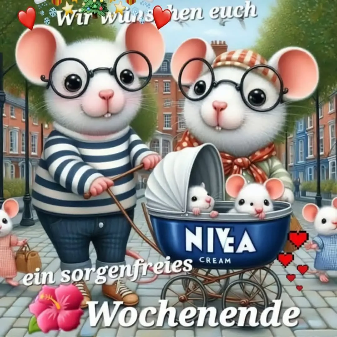 Zeichnung einer süßen Mäusefamilie auf einem Spaziergang. Zwei erwachsene Mäuse schieben einen Kinderwagen mit Babymäusen, begleitet von weiteren kleinen Mäusen. Im Hintergrund bunte Häuser und eine rosa Hibiskusblüte. Emotionaler Gruß: Sorgenfreies Wochenende.