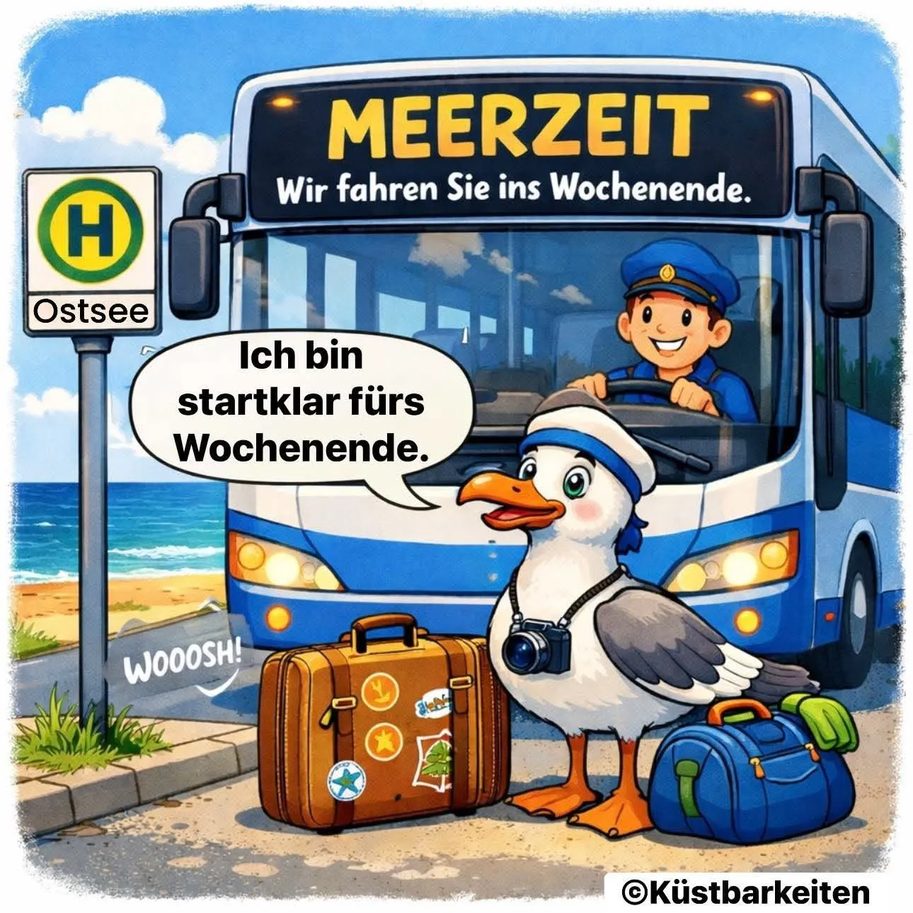 Eine cartoonartige Seemöwe mit Kamera und Gepäck wartet fröhlich an einer Ostsee-Bushaltestelle. Ein lächelnder Busfahrer im Bus mit 'MEERZEIT'-Anzeige verkündet die Wochenendfahrt.