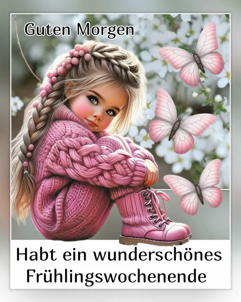 Ein niedliches Mädchen in einem pinken Strickpullover und Stiefeln sitzt inmitten blühender weißer Blumen. Drei rosa Schmetterlinge flattern um sie herum. Das Bild strahlt eine herzliche Frühlingsstimmung und guten Morgen aus.