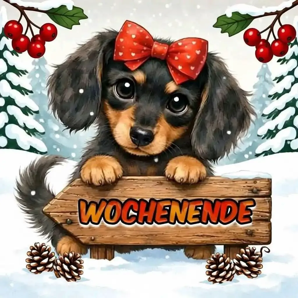Ein niedliches, schwarzes und braunes Hündchen mit einem großen, roten Haarband mit weißen Herzen, das auf einem Holzschild mit der Aufschrift 'WOCHENENDE' liegt. Im Hintergrund sind schneebedeckte Tannen und Weihnachtsdekorationen.