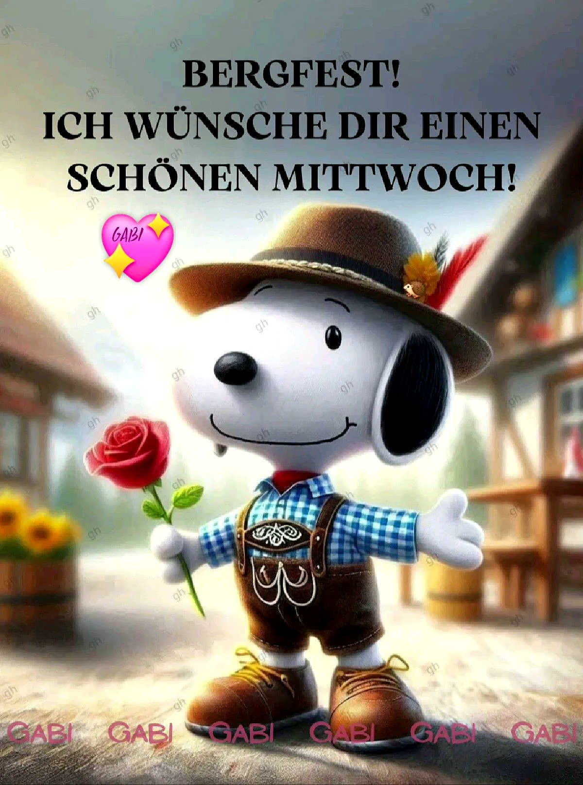 Ein animierter Hund in traditioneller bayerischer Tracht hält eine rote Rose in der Pfote und steht in einer idyllischen Dorfumgebung.