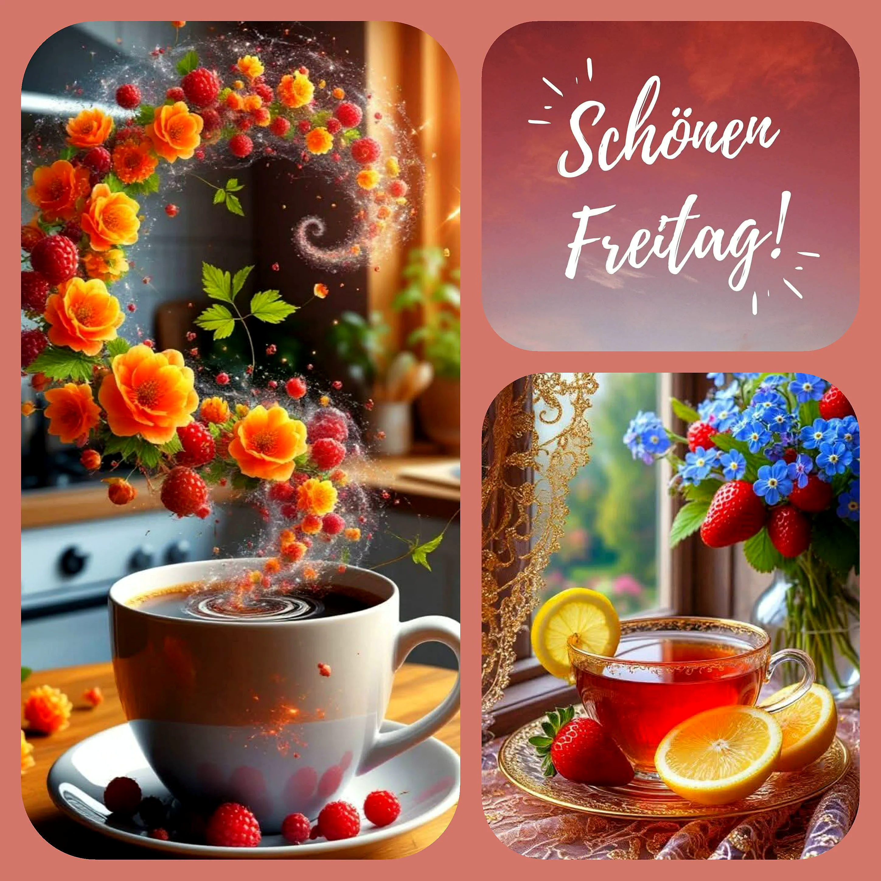 Schönen Freitag!" Schriftzug auf warmem Himmel. Eine Tasse, umrahmt von schwebenden orangen Blüten und roten Himbeeren. Eine Teetasse mit Zitrone, Erdbeeren und blauen Blumen. Warme Farben, befreiende Wochenend-Stimmung.