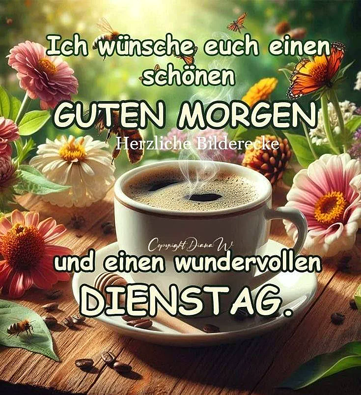 Eine dampfende Kaffeetasse auf einem Holztisch, umringt von bunten Blüten, Bienen und Schmetterlingen. Kaffeebohnen und ein Honiglöffel liegen daneben. Die frühlingshafte Szene übermittelt einen freundlichen Morgen- und Dienstagsgruß.