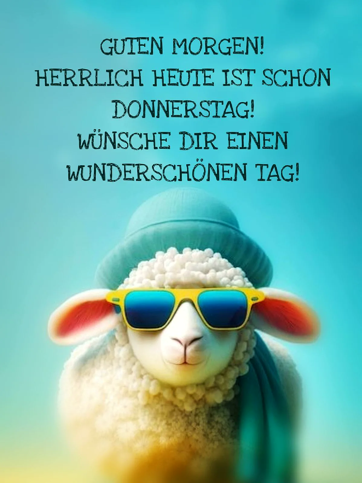 Ein niedliches, weißes Schaf mit gelben Sonnenbrille und blauen Hut vor einem hellblauen Hintergrund.