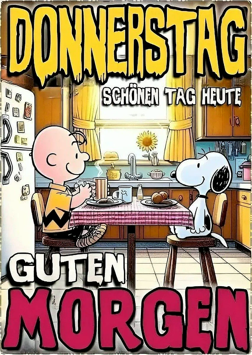 Ein Cartoon-Bild von Charlie Brown und Snoopy, die in einer Küche sitzen und ein Frühstück genießen. Charlie Brown hält eine Tasse Kaffee in der Hand.