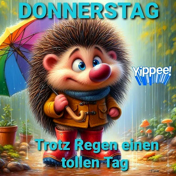 Ein Cartoon-Igel mit Regenschirm in der Hand, trägt eine gelbe Jacke, rote Stiefel und einen blauen Schal. Er steht im Regen, umgeben von Blumentöpfen, Steinen und Pilzen.