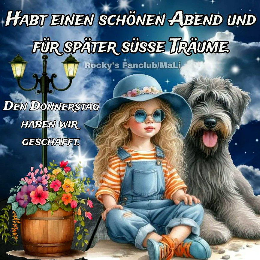 Ein digitales Bild mit einem Mädchen in einer blauen Mütze und einem Hund, die beide auf einem Stein sitzen. Im Hintergrund ein nächtlicher Himmel mit Sternen und einem Mond. Neben ihnen steht eine Laterne und ein Blumenkübel.