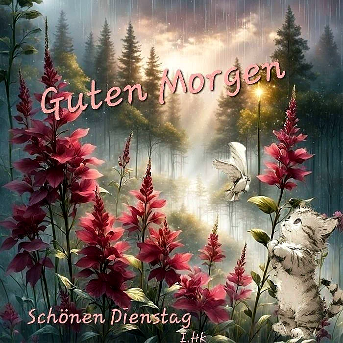 Ein digitales Bild mit einem Katzenjungen, das in einem Wald mit rosa Blumen, einem Vogel und einem sonnigen Himmel bei Regen steht.