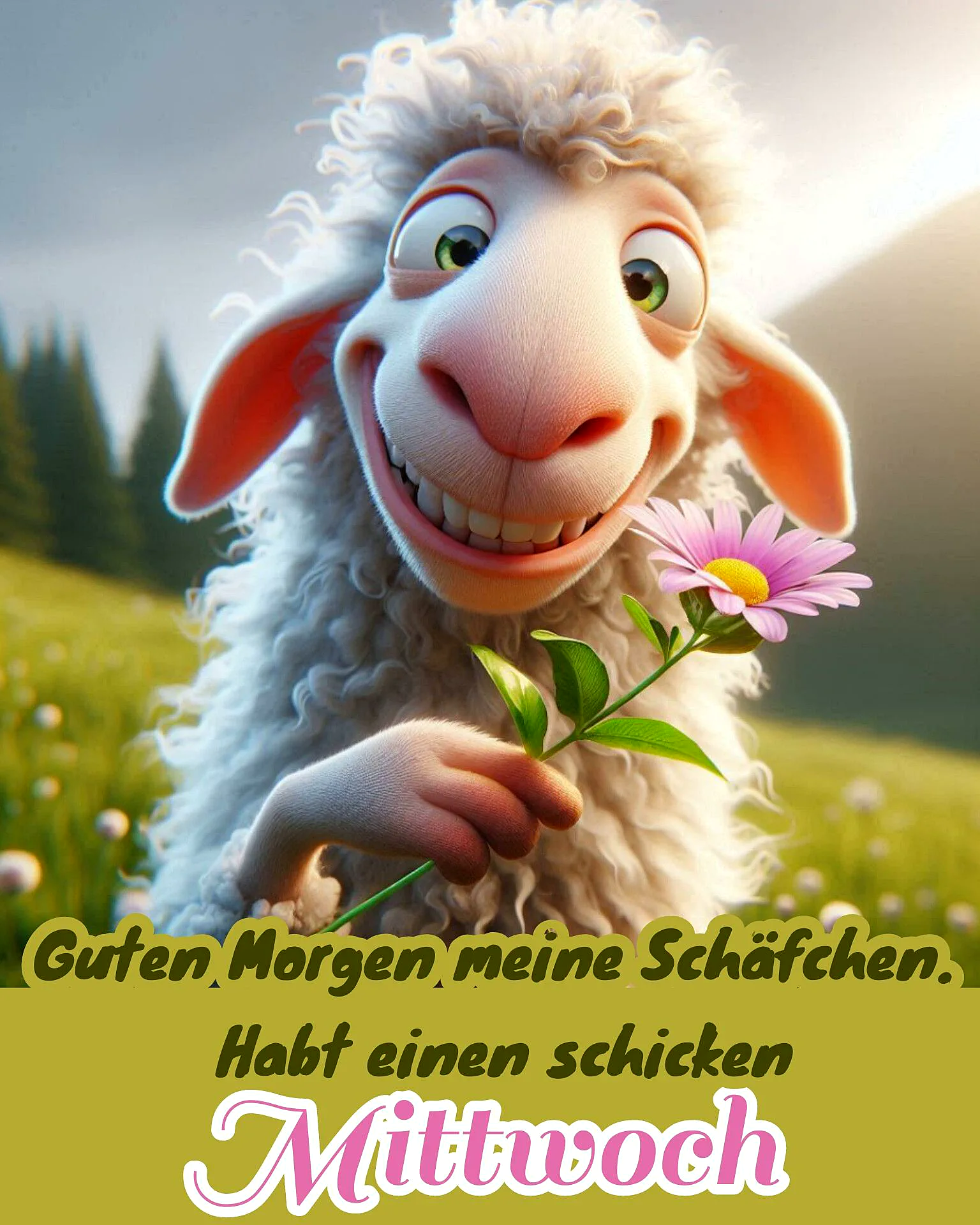 Ein fröhliches Schäfchen wünscht dir einen schönen Mittwoch