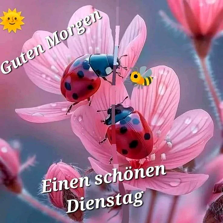 Ein Nahaufnahmefoto von zwei Marienkäfern, die auf rosa Blüten sitzen, mit einem kleinen Bienen- und Sonnen-Symbol im Hintergrund.
