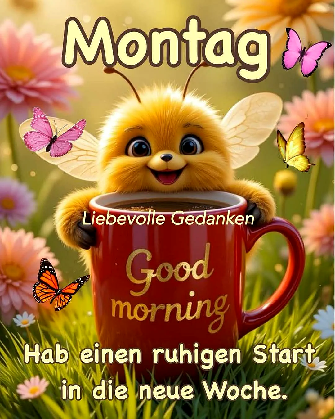 Ein niedliches, gelbes Insektenwesen mit großen Augen und Flügeln hält eine rote Kaffeetasse mit der Aufschrift 'Good morning' in einem Feld mit Blumen und Schmetterlingen.
