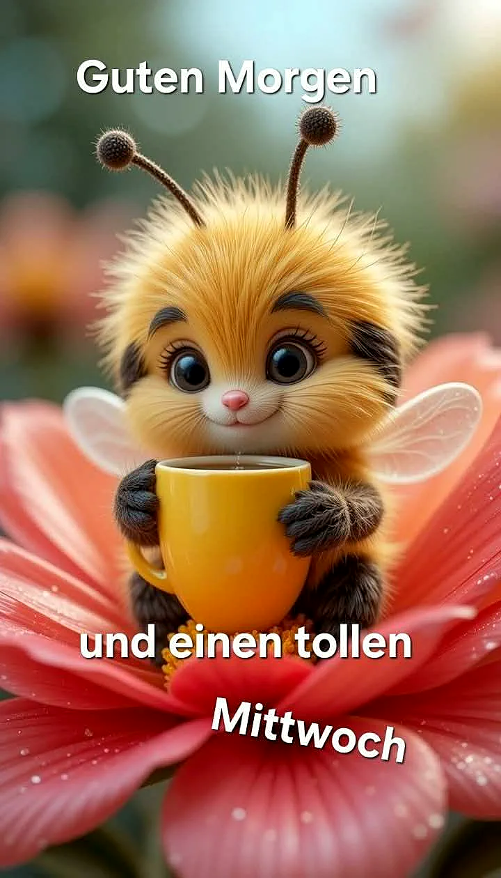 Ein niedliches, gelbes Insekt mit großen Augen hält eine gelbe Tasse in den Händen und sitzt auf einer rosa Blume. Im Hintergrund unscharfe Blumen.