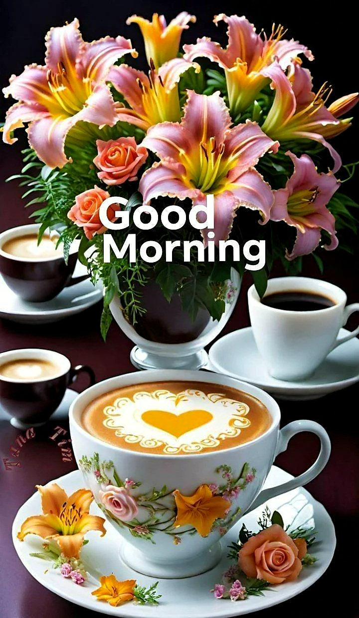 Ein warmer Guten-Morgen-Gruß mit Blumen und Kaffee