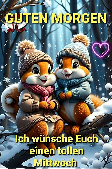 Zwei niedliche Eichhörnchen in warmen Mützen und Schals sitzen auf einem schneebedeckten Ast. Sanfte Schneeflocken tanzen durch einen winterlichen Märchenwald, mit einem leuchtenden rosa Herz. Ein fröhlicher Mittwochsgruß zum Teilen.