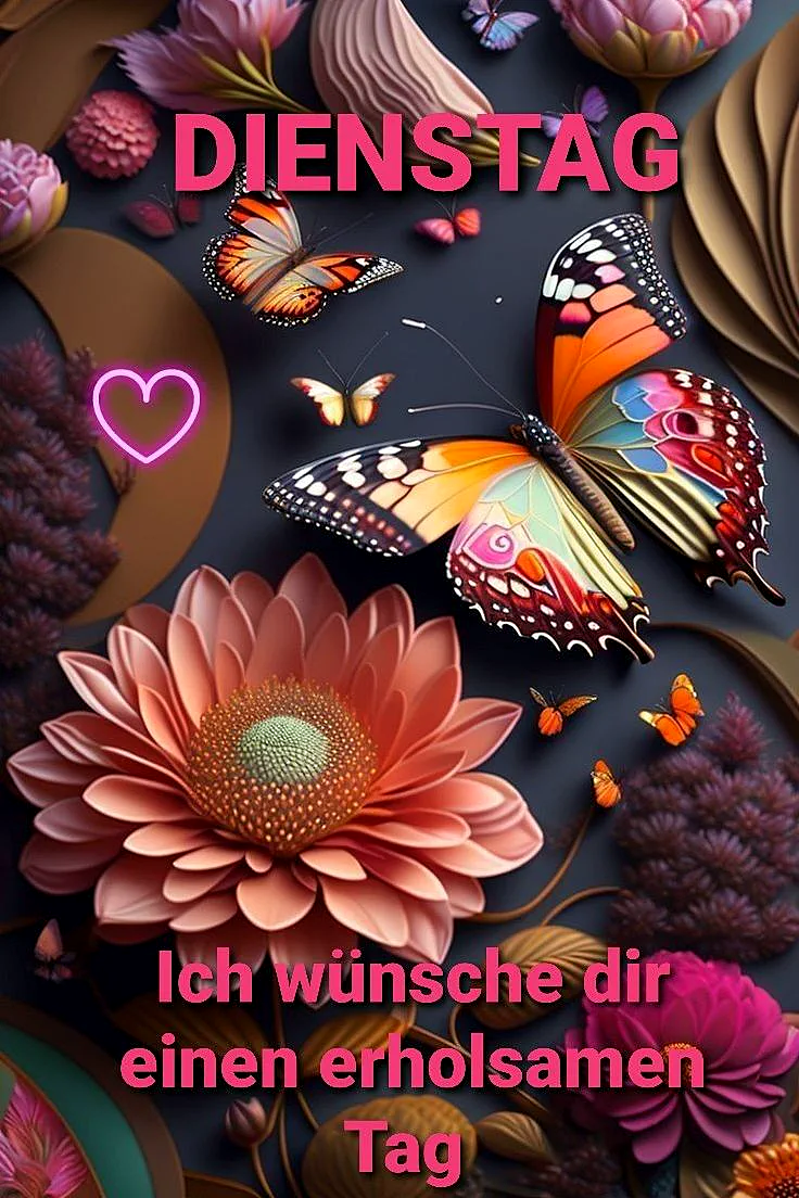 Ein digitales Kunstbild mit einer großen rosa Blume im Zentrum, umgeben von verschiedenen farbenfrohen Blumen, Schmetterlingen und kleinen Herzsymbolen auf dunklem Hintergrund.