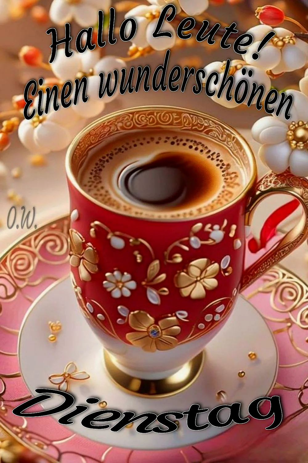 Eine kunstvoll verzierte rote Kaffeetasse mit goldenen Details steht auf einer passenden rosa Untertasse. Dunkler Kaffee mit einer kleinen Herzform auf der Crema füllt die Tasse. Im weichen Hintergrund sind verschwommene weiße Blüten zu sehen. Das Bild vermittelt eine ruhige, einladende Morgenstimmung mit einem Gruß zum Dienstag.