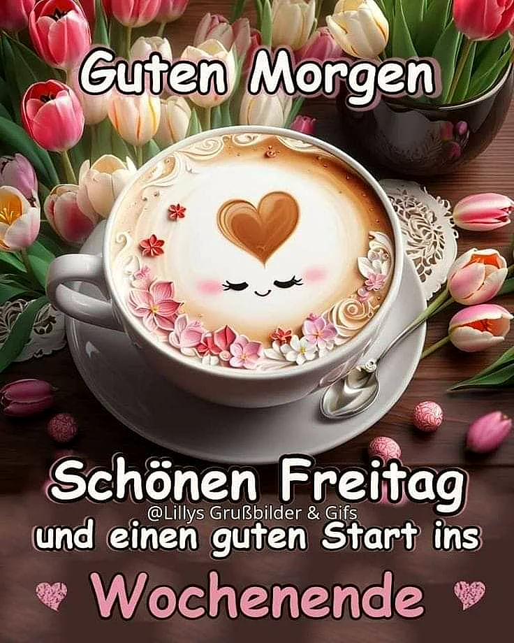 Ein weißer Kaffeebecher mit einem Herz auf dem Kaffee, umgeben von Tulpen und Süßigkeiten auf einem Holztisch.
