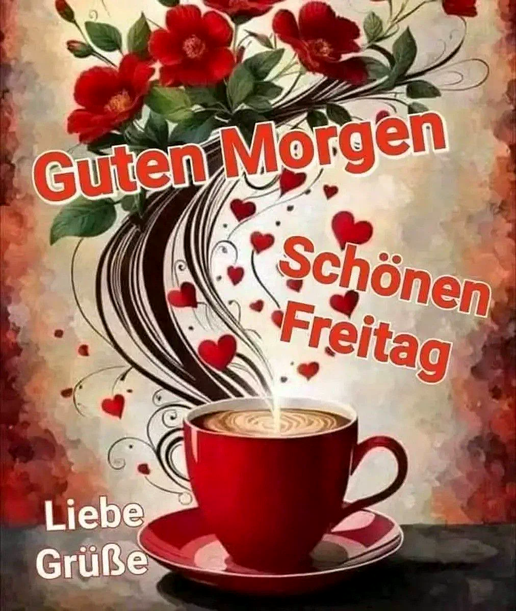 Ein lebendiges digitales Gemälde zeigt eine dampfende rote Kaffeetasse auf passender Untertasse. Rote Blüten und wirbelnde Muster mit schwebenden Herzen umrahmen den warmen Gruß "Guten Morgen Schönen Freitag Liebe Grüße", der die freudige Erwartung des Wochenendes vermittelt.