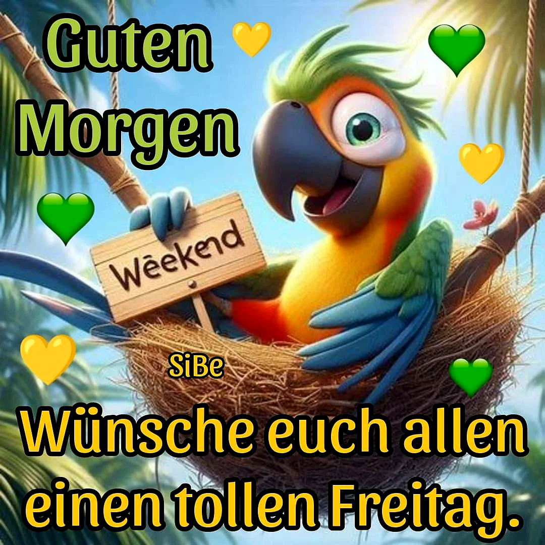 Ein farbenfroher Papagei sitzt in einem Nest, hält ein Schild mit 'Weekend' und zeigt Freude. Umgeben von grünen und gelben Herzsymbolen, Palmblättern und einem blauen Himmel.