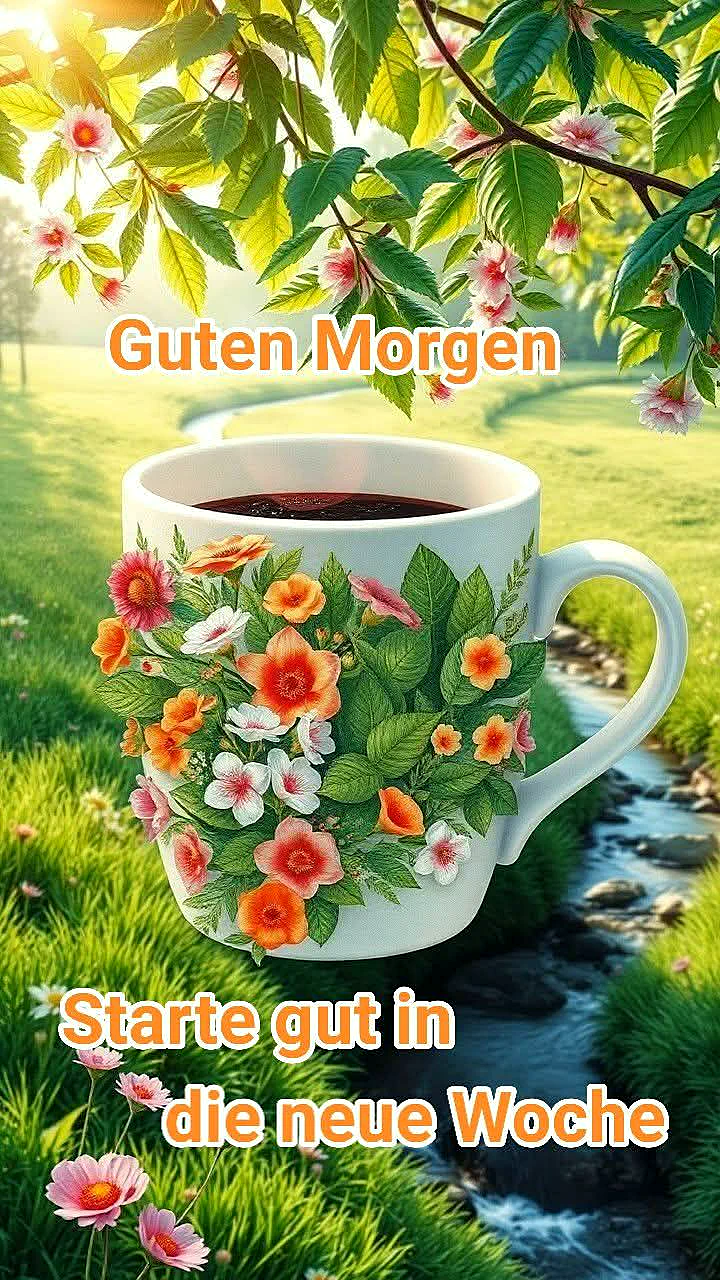 Eine weiße Kaffeetasse, mit bunten Blumen geschmückt, steht in einer sonnigen Wiese neben einem Bach. Sonnenlicht fällt durch blühende Äste. Der Morgenruf motiviert zum Wochenstart.