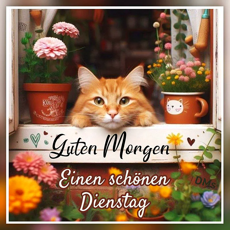 Gemütlicher Dienstagmorgen mit flauschiger Katze – Dein Gruß zum Teilen