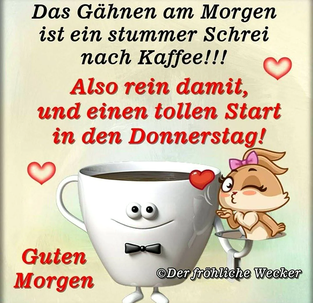 Ein Cartoon-Bild mit einer Tasse Kaffee und einem kleinen Hasen, das einen guten Morgen wünscht. Die Tasse hat ein Gesicht und einen schwarzen Bowtie. Der Hintergrund ist hell und freundlich.