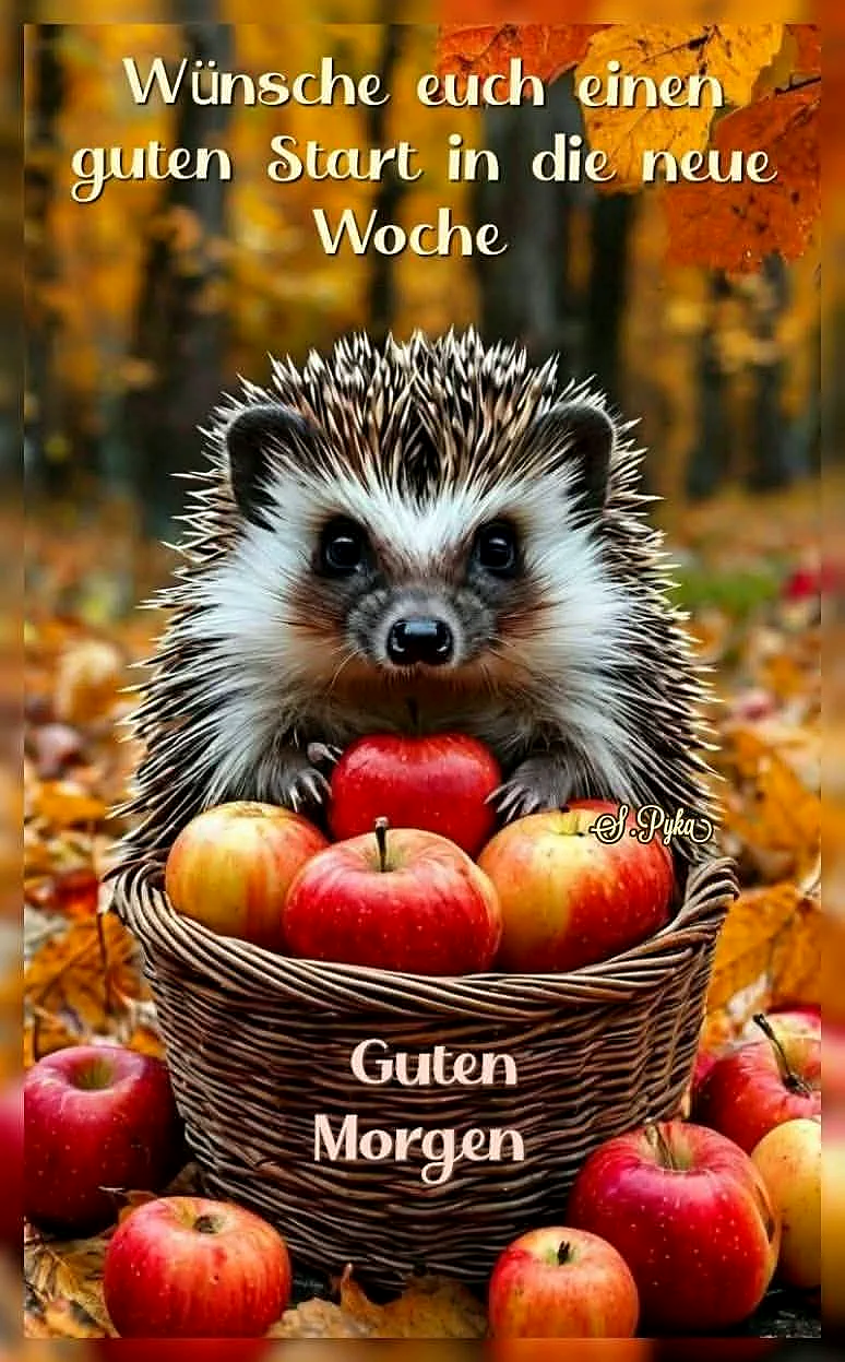 Guten Morgen! Igel im Herbst mit Äpfeln