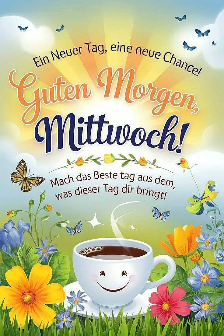 Ein farbenfrohes Bild mit einer Tasse Kaffee inmitten von Blumen und Schmetterlingen, im Hintergrund eine sonnige Landschaft mit Wolken und einem Vogelschwarm.