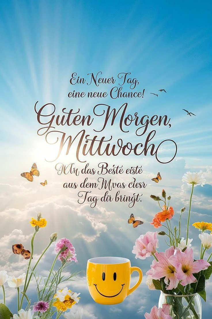 Ein sonniger Morgen mit blauen Himmel, weißen Wolken und Blumen. Ein gelber Kaffee-Becher mit einem Smiley und eine Vase mit farbenfrohen Blumen. Schmetterlinge und Vögel sind auch sichtbar.