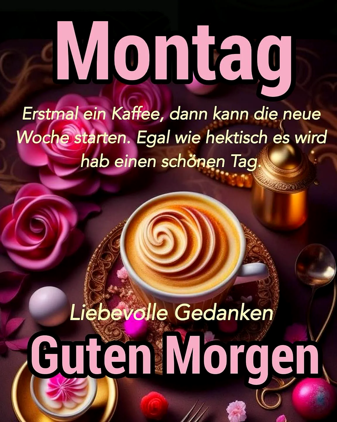 Ein dekoratives Bild mit einer Tasse Kaffee, umgeben von rosa Rosen, einem goldenen Löffel und einer goldenen Kanne auf einem dunklen Hintergrund. Die Tasse hat ein kunstvolles Designs auf dem Kaffee.