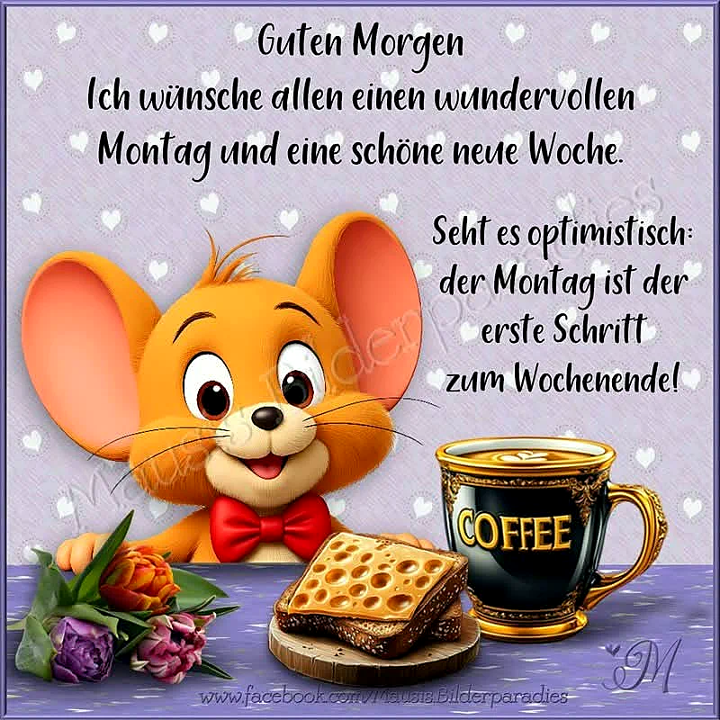 Ein cartoonähnliches Bild eines lächelnden, orangefarbenen Mäuschen mit großen Ohren und einem roten Bowtie, das neben einer Tasse Kaffee, Toast und Blumen auf einem violetten Tisch sitzt. Der Hintergrund ist hellgrau mit weißen Herzen.
