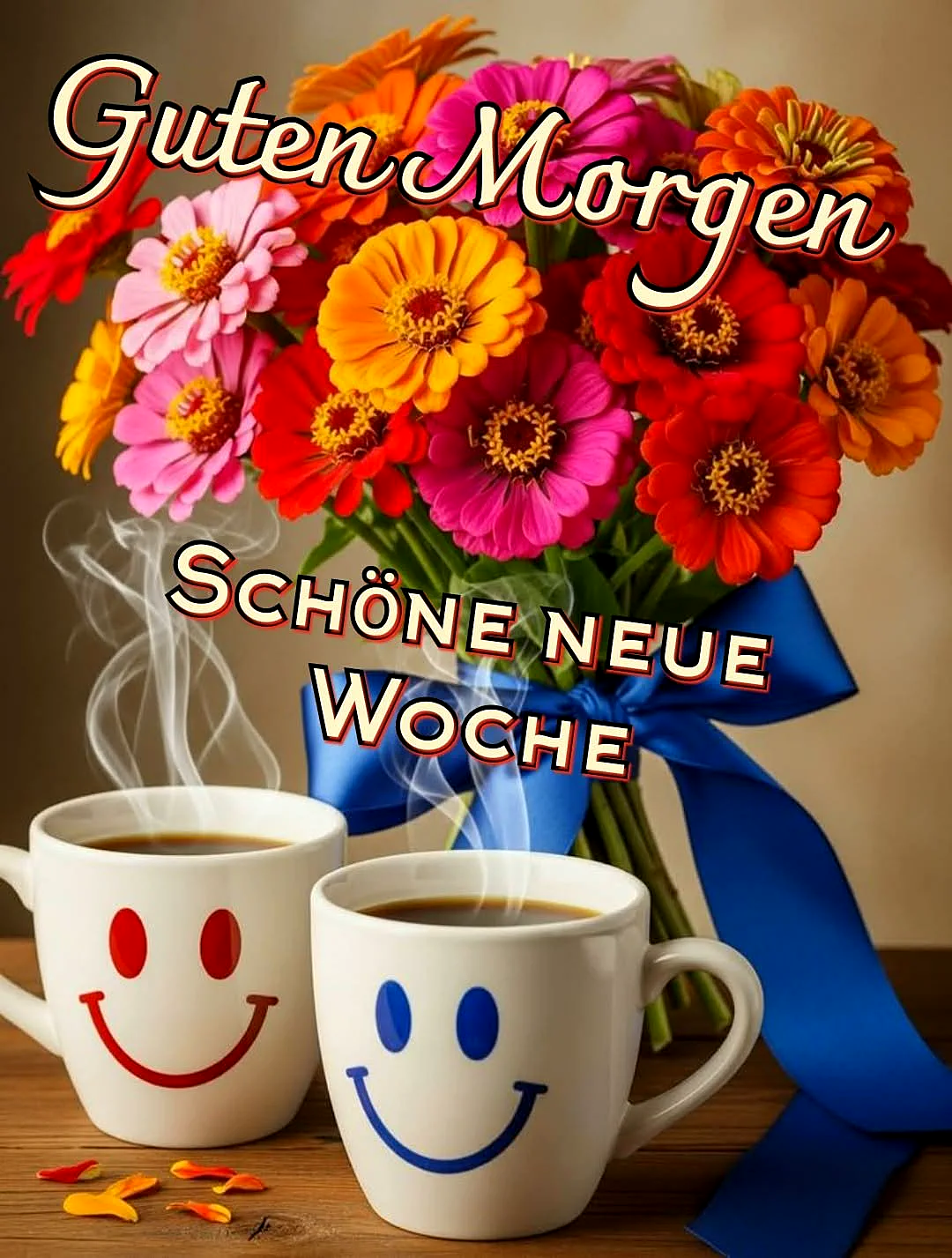 Ein Foto von zwei Tassen Kaffee mit Smiley-Gesichtern, davor ein Blumenstrauß in verschiedenen Farben
