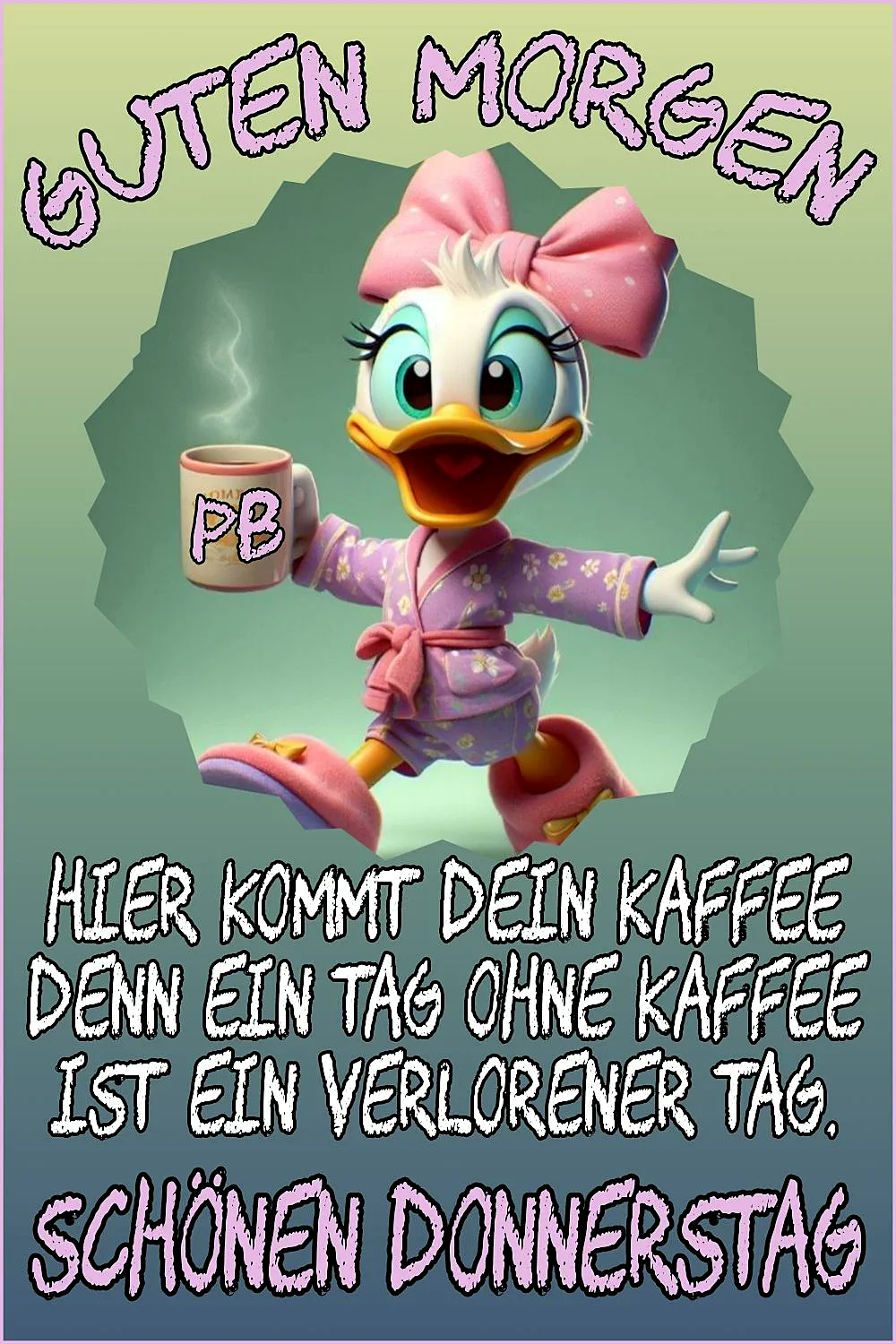 Eine fröhliche Cartoon-Ente in rosa Schlafanzug und Haarbow, hält eine Kaffeetasse in der Hand, vor einem grünen Hintergrund