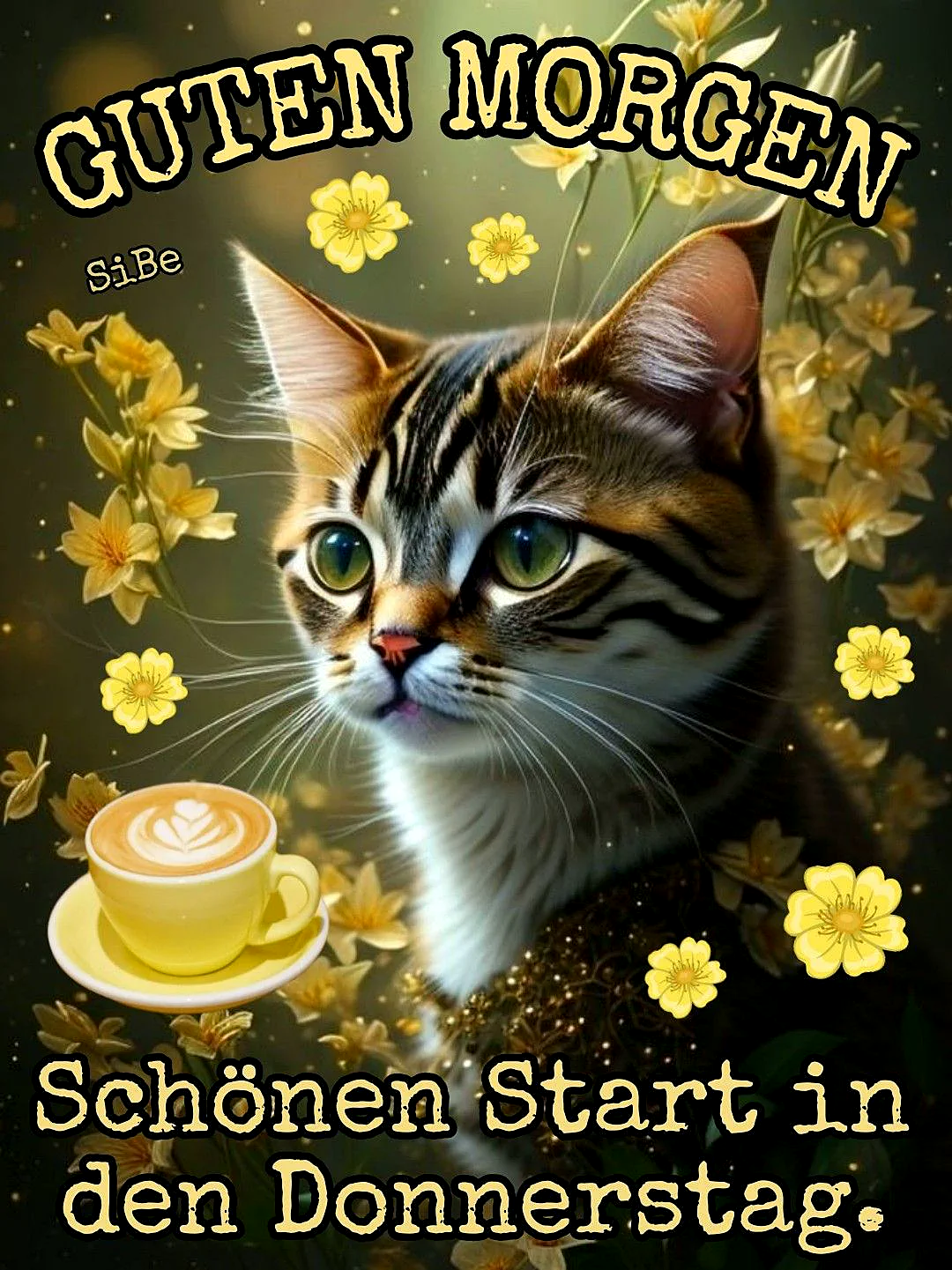 Guten Morgen! Schönen Donnerstag Start mit Katzen-Kaffee-Gruß