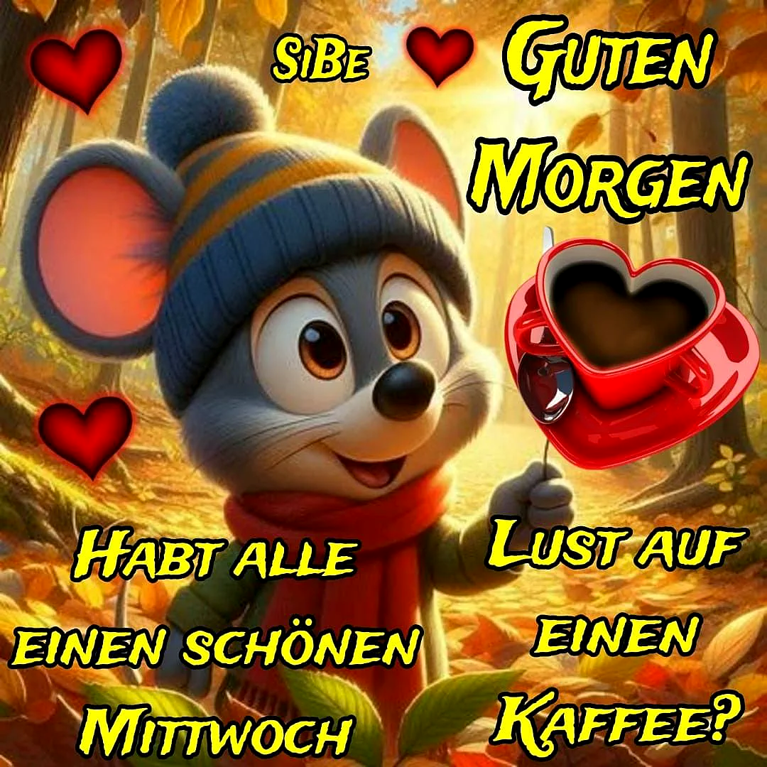 Ein Cartoon-Maus mit großen Ohren und einem Hut hält eine Tasse Kaffee in Herzform, umgeben von Herbstblättern und roten Herzen.