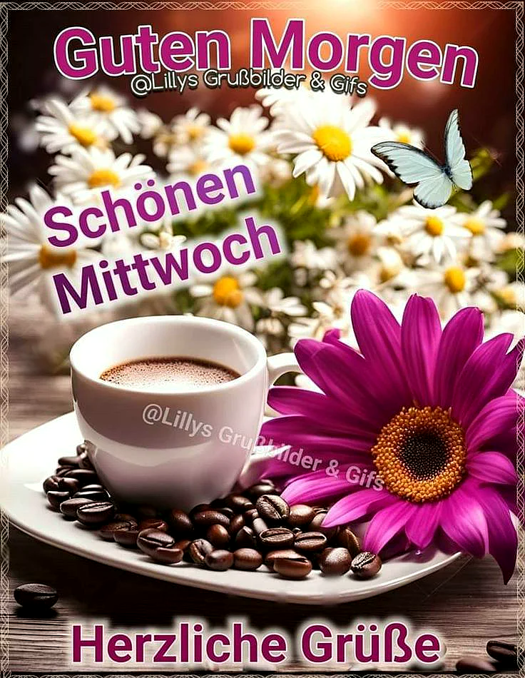 Guten Morgen! Schönen Mittwoch - Halbzeit-Motivation mit Kaffee und Blumen