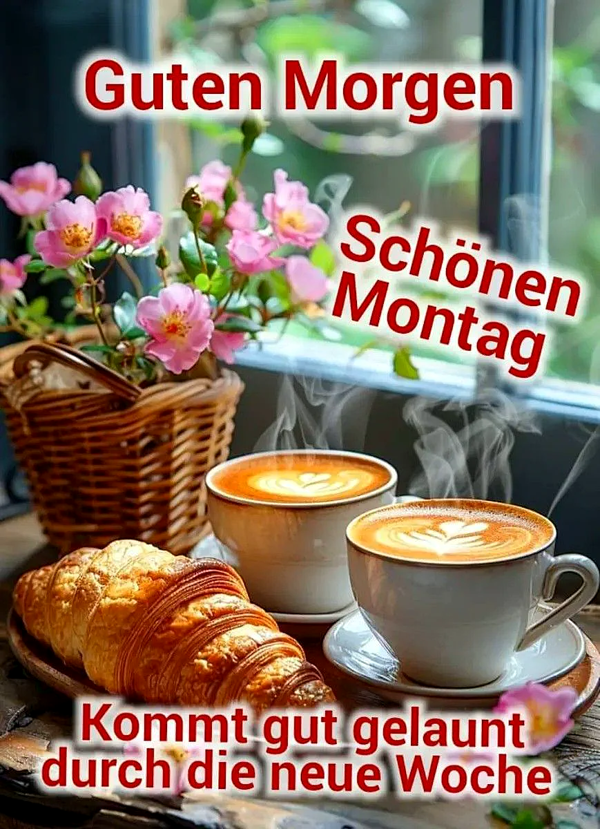 Ein gemütliches Frühstück mit zwei Tassen Kaffee, Croissant und Blumen auf einem Tisch vor einem Fenster